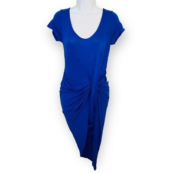 The Vanity Room Cap Sleeve Twist Asymmetrical Bodycon Tshirt Dress Royal Blue S - Picture 2 of 10